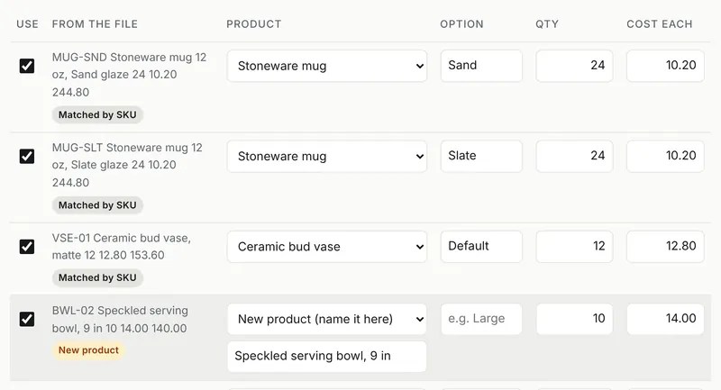 Reviewing supplier invoice lines matched to products by SKU before adding stock