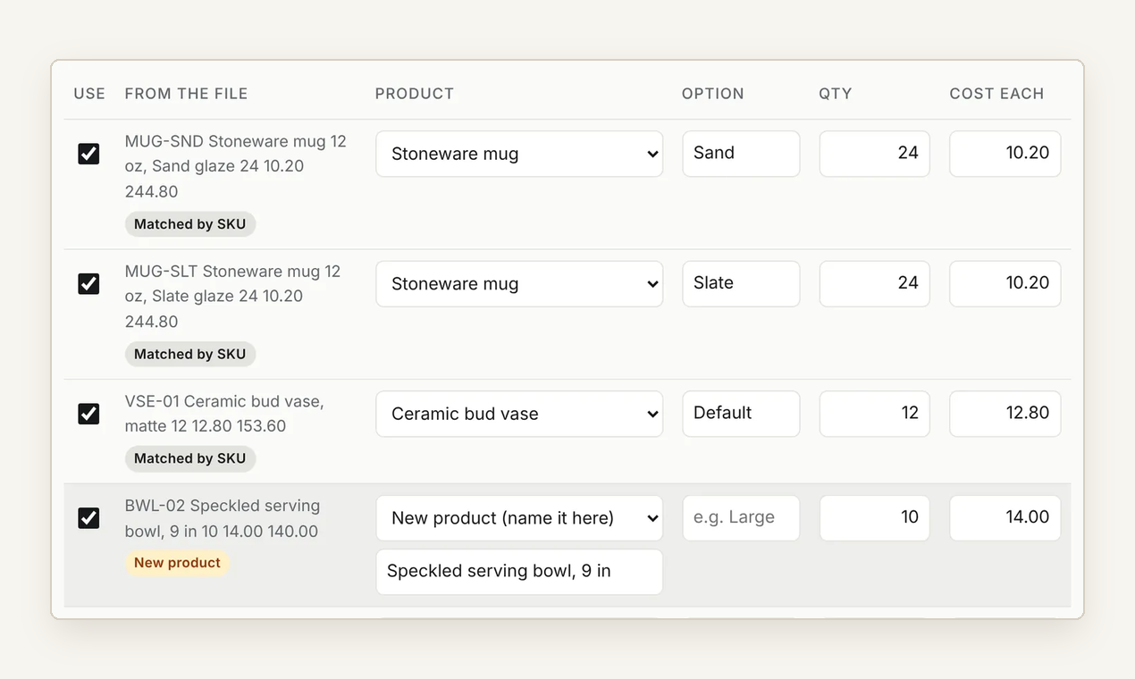 Supplier invoice lines matched to products by SKU